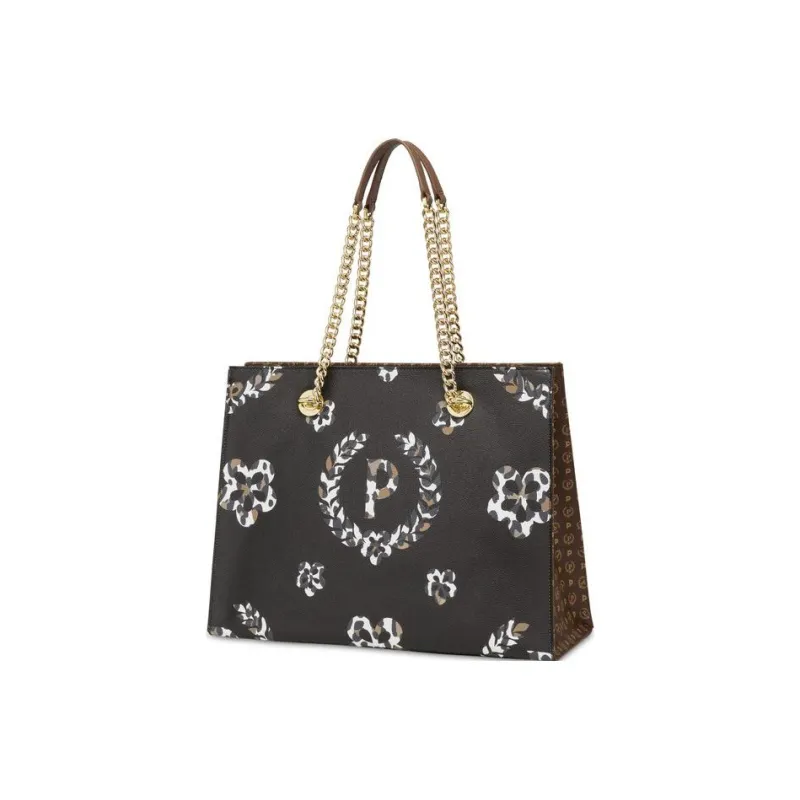 Pollini Cow Leather Tote Bag, Shopping Bag, Shoulder Bag, Handbag Regular Women's Black/Brown/Leopard Print-1