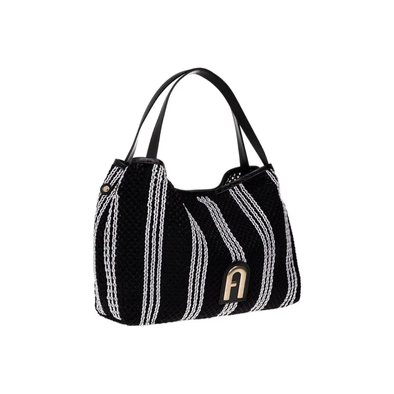 Furla Primula Fabric With Cow Leather Hobo Bag Watermelon Handbag Shoulder Bag Large Size Women's Black White Stripes-1