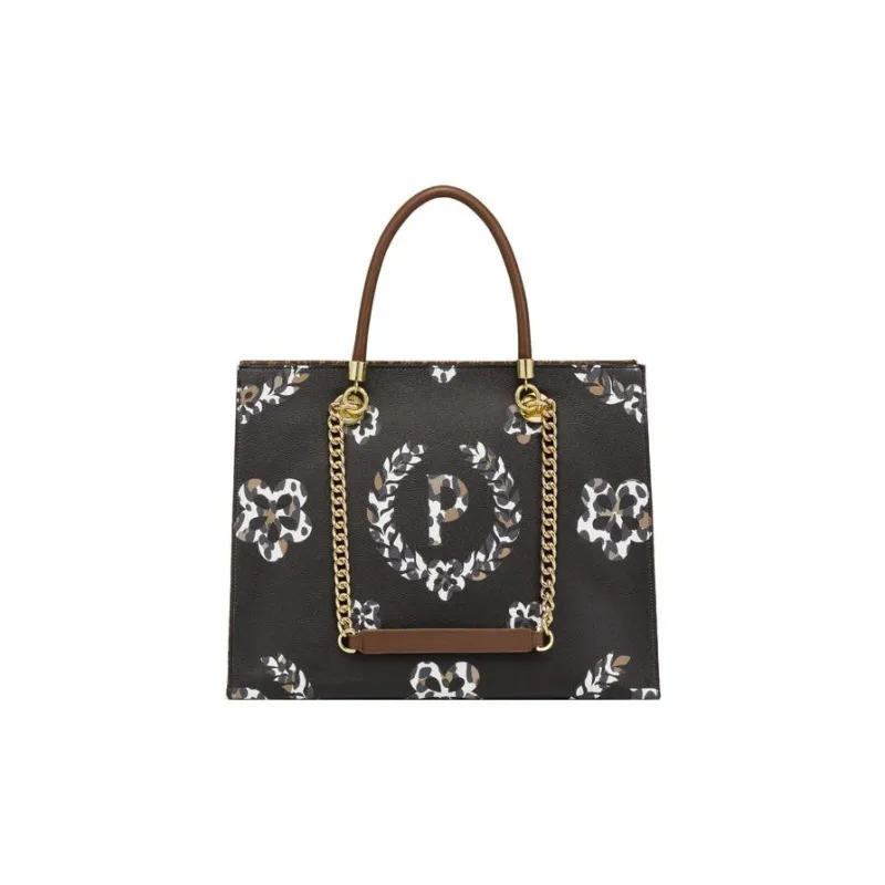 Pollini Cow Leather Tote Bag, Shopping Bag, Shoulder Bag, Handbag Regular Women's Black/Brown/Leopard Print-3
