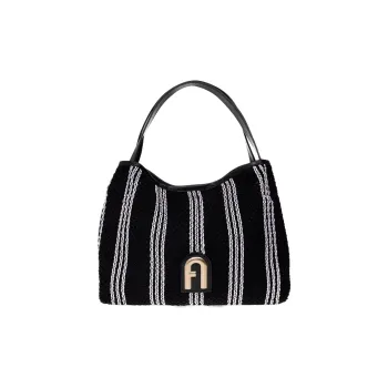 Furla Primula Fabric With Cow Leather Hobo Bag Watermelon Handbag Shoulder Bag Large Size Women's Black White Stripes