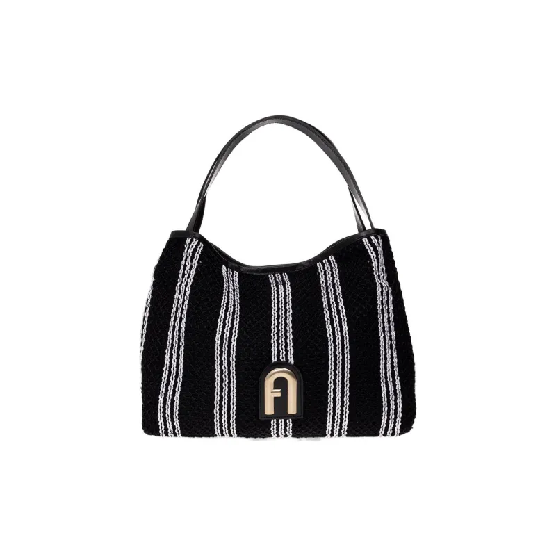 Furla Primula Fabric With Cow Leather Hobo Bag Watermelon Handbag Shoulder Bag Large Size Women's Black White Stripes-0