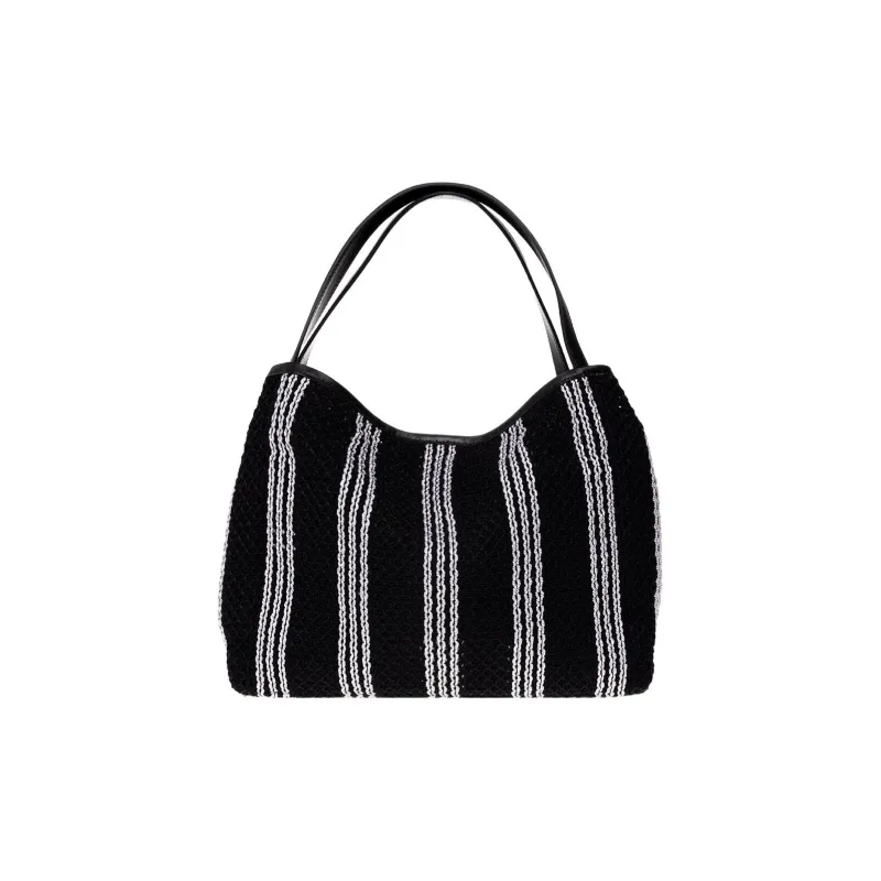 Furla Primula Fabric With Cow Leather Hobo Bag Watermelon Handbag Shoulder Bag Large Size Women's Black White Stripes-2