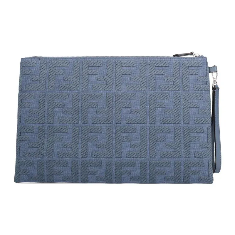 FENDI Fabric With Cow Leather Clutch Large Size Women's Blue-3
