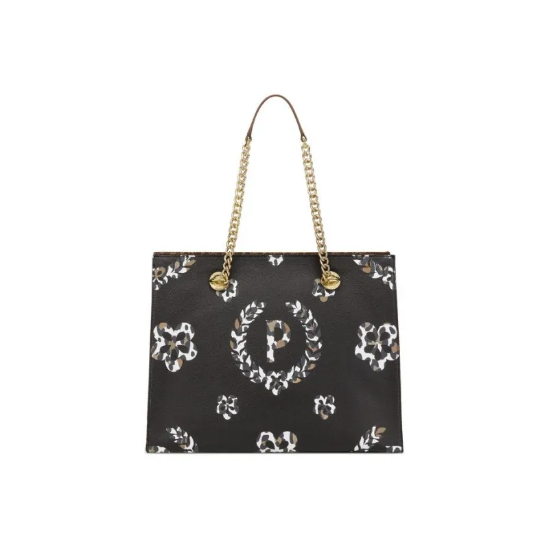 Pollini Cow Leather Tote Bag, Shopping Bag, Shoulder Bag, Handbag Regular Women's Black/Brown/Leopard Print-0