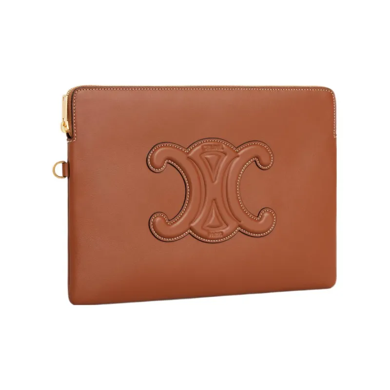 CELINE Cuir Triomphe Smooth Calf Leather Clutch Women's Yellow Brown-2
