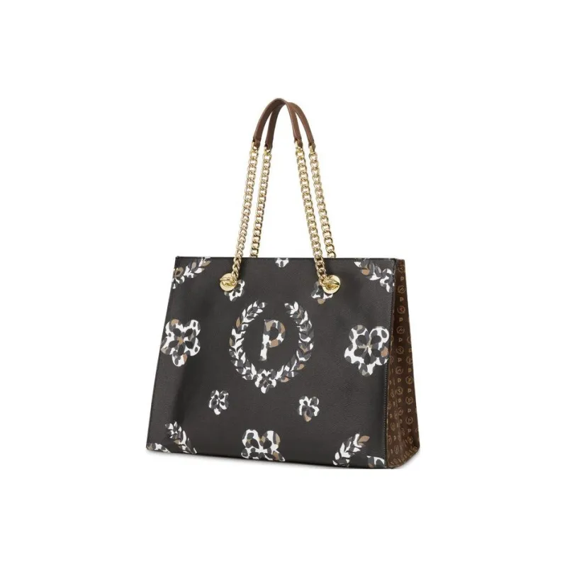 Pollini Cow Leather Tote Bag, Shopping Bag, Shoulder Bag, Handbag Regular Women's Black/Brown/Leopard Print-2