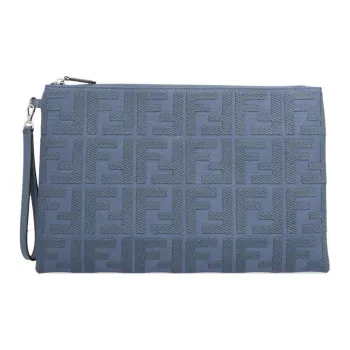FENDI Fabric With Cow Leather Clutch Large Size Women's Blue