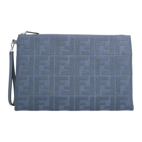 FENDI Fabric With Cow Leather Clutch Large Size Women's Blue