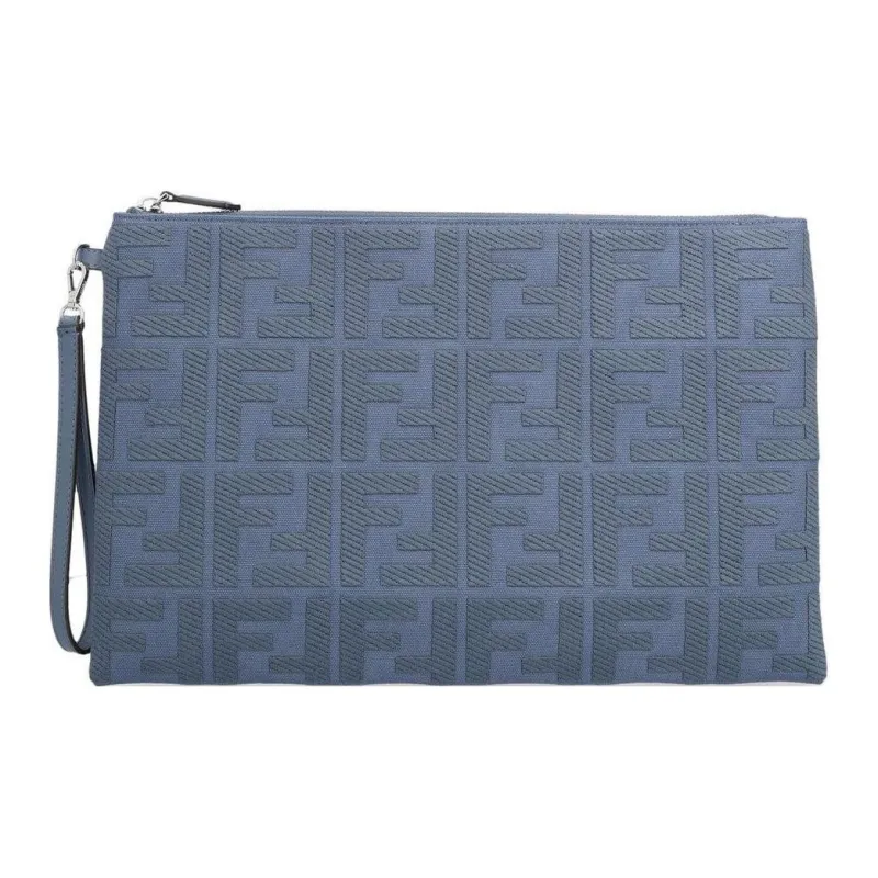 FENDI Fabric With Cow Leather Clutch Large Size Women's Blue-0