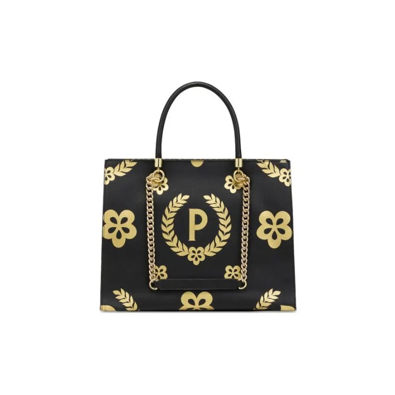 Pollini Cow Leather Tote Bag, Shopping Bag, Shoulder Bag, Handbag Women's Black/Gold-2