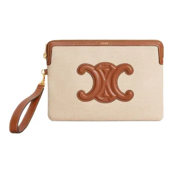 CELINE Fabric With Calfskin Trim Handbag Wrist Bag Clutch Small Size Women's Brown