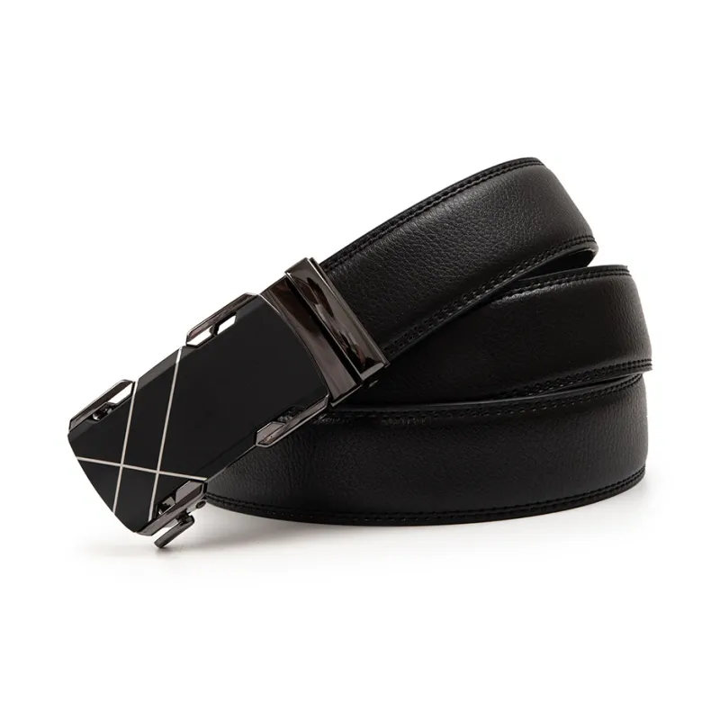 BAIJUAN Minimalist Style Line Automatic Buckle Belt For Men, Width 3.5CM, Black Leather Belts Men's-2