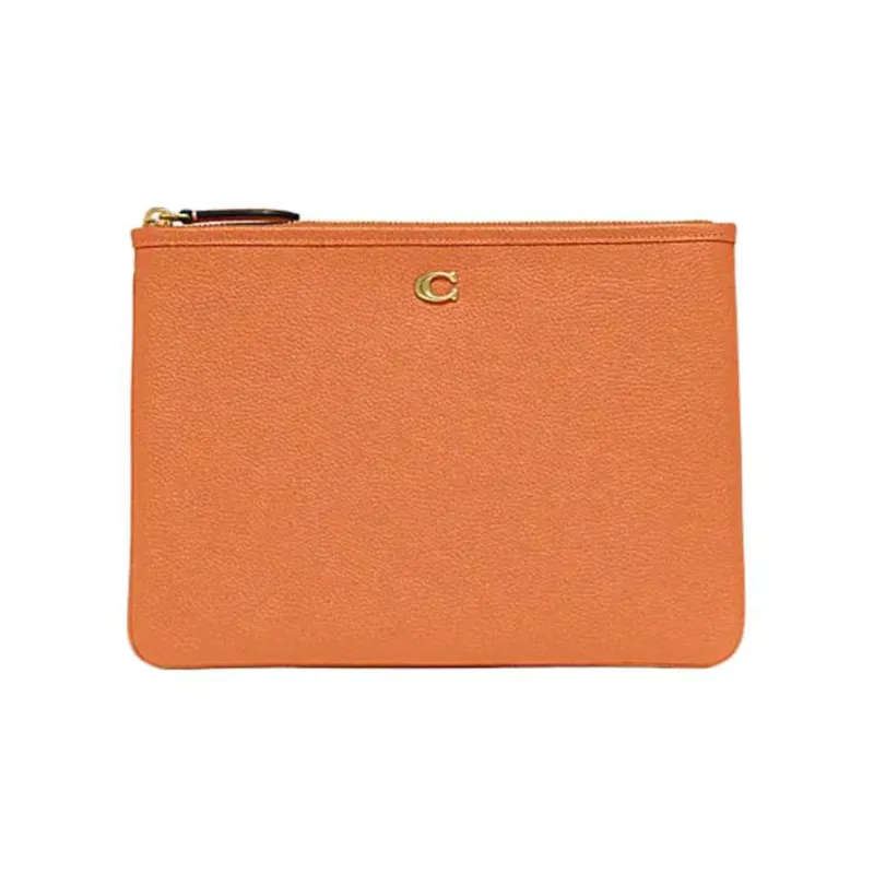 COACH Pouch Pebble Texture Cow Leather Pochette Clutch Tubas Women's Orange-0
