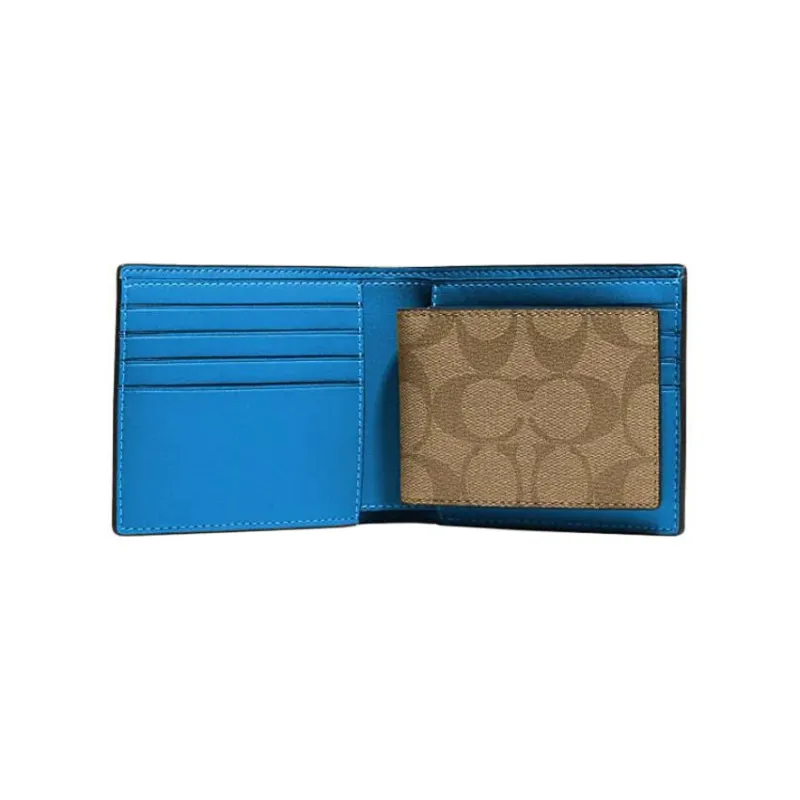 COACH Compact Artificial Leather Tri-Fold Card Wallet Men's Brown & Blue-1
