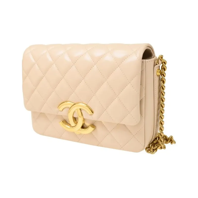 CHANEL Waxed Leather Shiny Calfskin Crossbody Bag, Shoulder Bag Medium Size Women's Beige-1