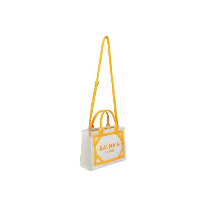 BALMAIN Leather With Fabric Tote Bag Shopping Bag Shoulder Bag Crossbody Bag Handbag Mini Women's White/Yellow-3