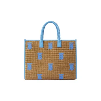 Burberry Freya Calfskin Tote Bag, Shopping Bag, Handbag Medium Size Women's Natural/Cool Cornflower Blue
