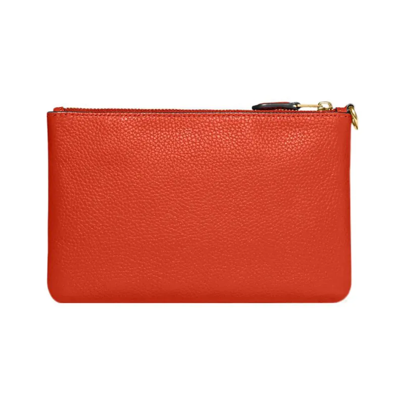 COACH Wristlet Pebbled Leather Clutch Wrist Bag Small Size Women's Orange Red-1