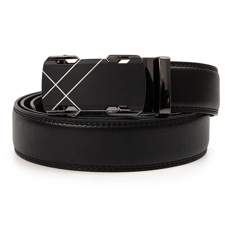 BAIJUAN Minimalist Style Line Automatic Buckle Belt For Men, Width 3.5CM, Black Leather Belts Men's-1