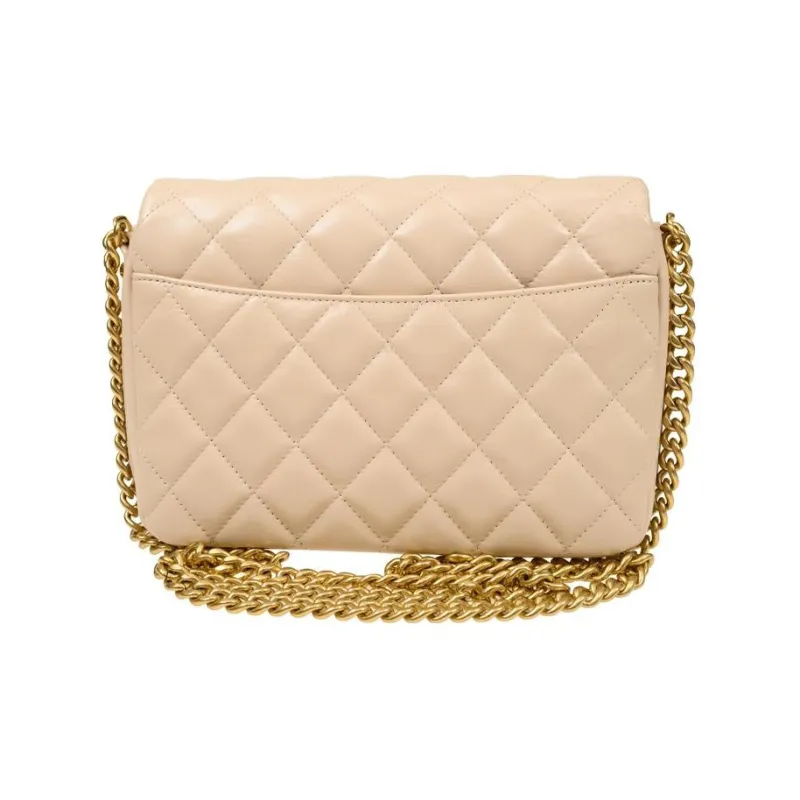CHANEL Waxed Leather Shiny Calfskin Crossbody Bag, Shoulder Bag Medium Size Women's Beige-2