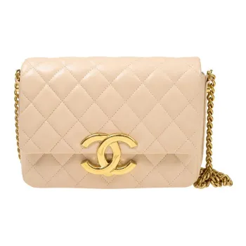 CHANEL Waxed Leather Shiny Calfskin Crossbody Bag, Shoulder Bag Medium Size Women's Beige