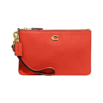 COACH Wristlet Pebbled Leather Clutch Wrist Bag Small Size Women's Orange Red