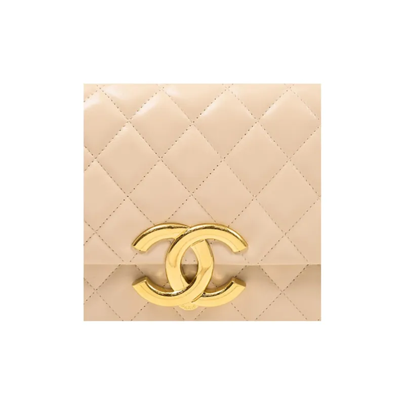 CHANEL Waxed Leather Shiny Calfskin Crossbody Bag, Shoulder Bag Medium Size Women's Beige-3