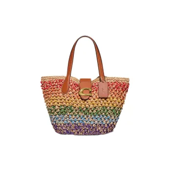 COACH Straw Woven Leather Tote Bag Shopping Bag Basket Bag Handbag Small Size Women's Rainbow