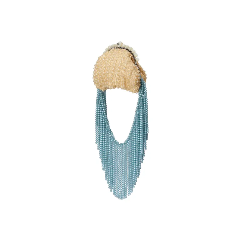 GUCCI Satin Artificial Pearl Evening Bag Clutch Regular Women's Blue/Beige-1