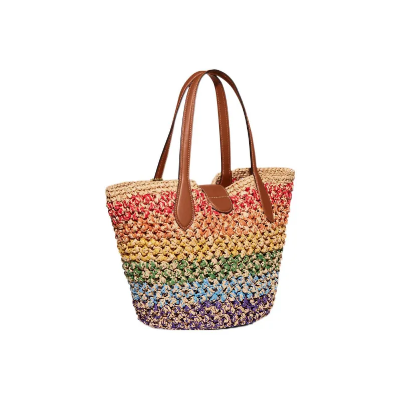 COACH Straw Woven Leather Tote Bag Shopping Bag Basket Bag Handbag Small Size Women's Rainbow-1