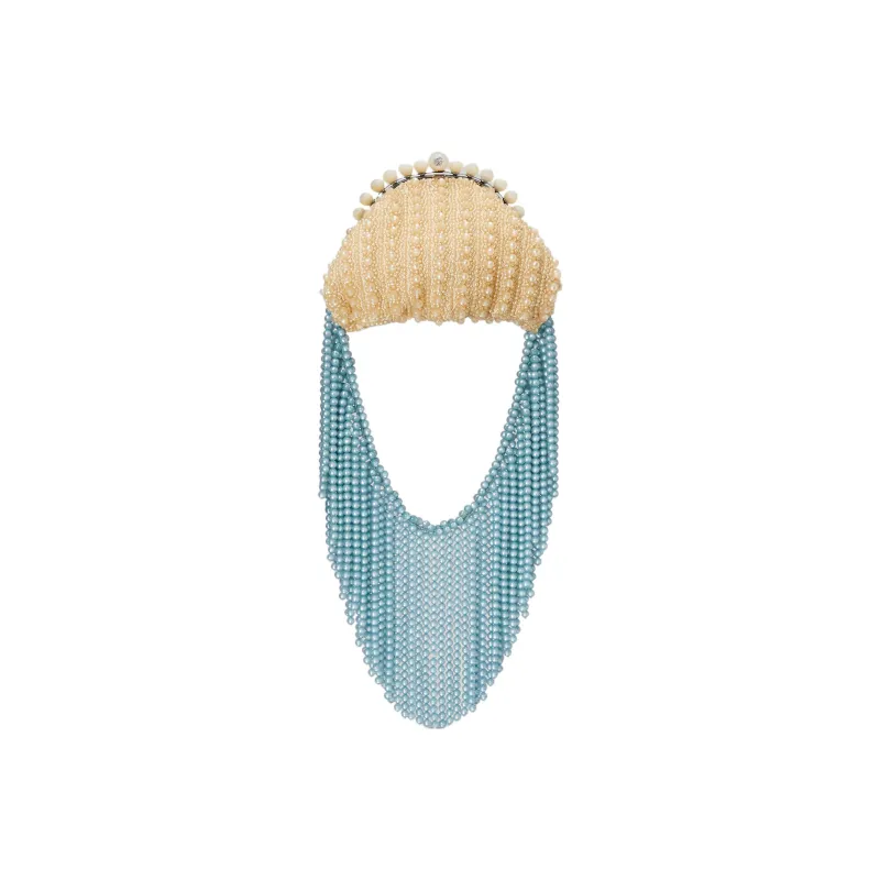 GUCCI Satin Artificial Pearl Evening Bag Clutch Regular Women's Blue/Beige-0