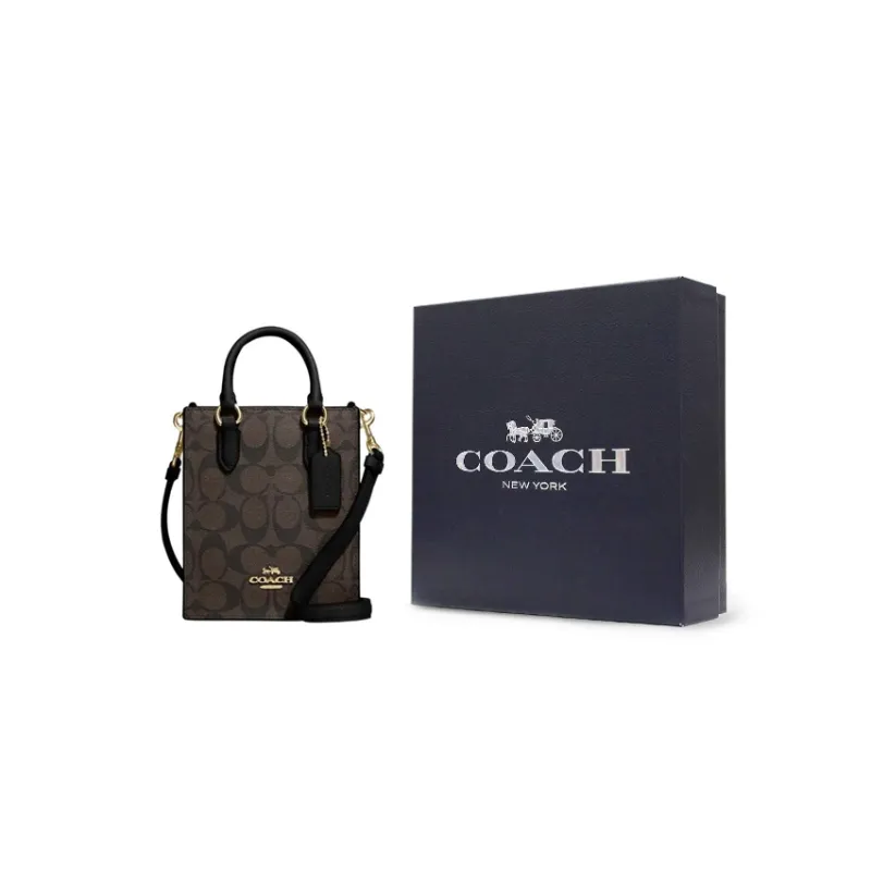 COACH Coated Fabric With Leather Tote Bag, Shopping Bag, Crossbody Bag, Handbag Mini Women's Black-6