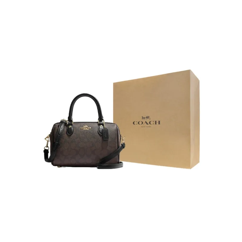COACH Rowan Canvas With Leather Boston Bag Briefcases Shoulder Bag Crossbody Bag Medium Size Women's Tan-8