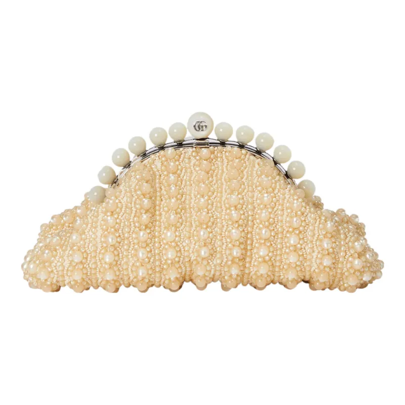 GUCCI Satin Artificial Pearl Evening Bag Clutch Regular Women's Blue/Beige-4