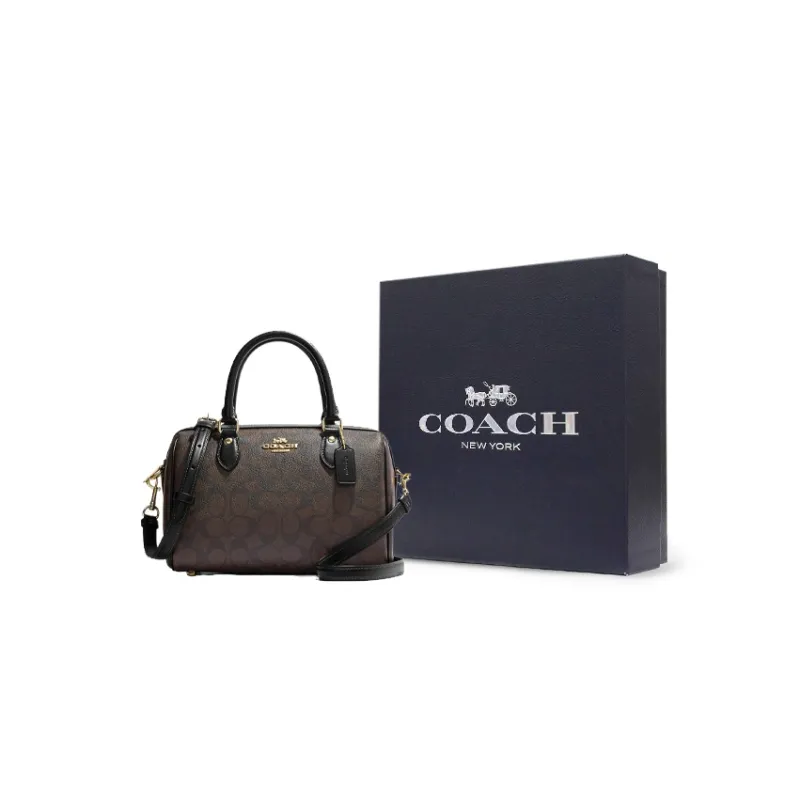 COACH Rowan Canvas With Leather Boston Bag Briefcases Shoulder Bag Crossbody Bag Medium Size Women's Tan-6