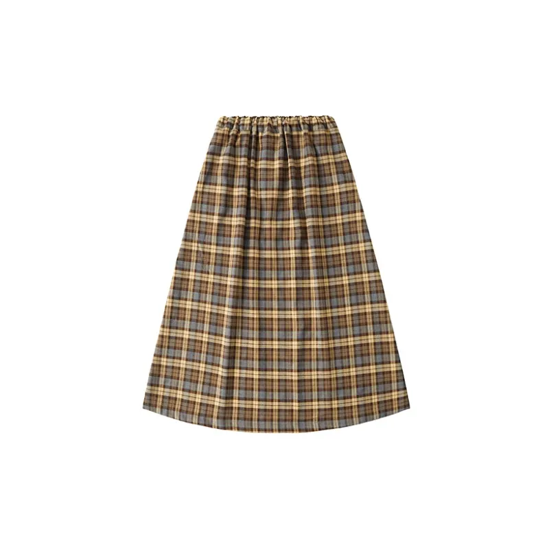 UNRETRO Casual Long Skirts Women's Brown Plaid-1