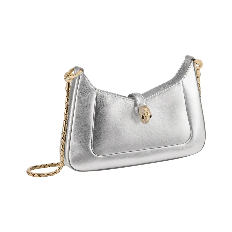 BVLGARI Serpentine Calfskin Handbag, Shoulder Bag Small Size Women's Silver-1