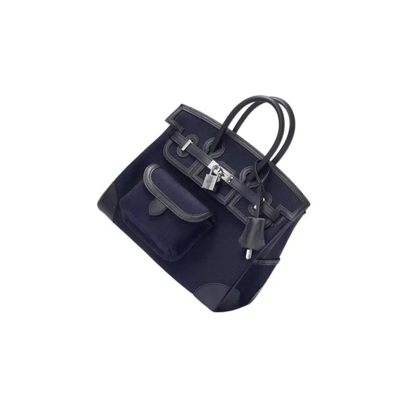 HERMES Birkin Cargo Canvas With Swift Cow Leather Birkin Bag Canvas Bag Handbags Unisex Marine Blue & Navy-3
