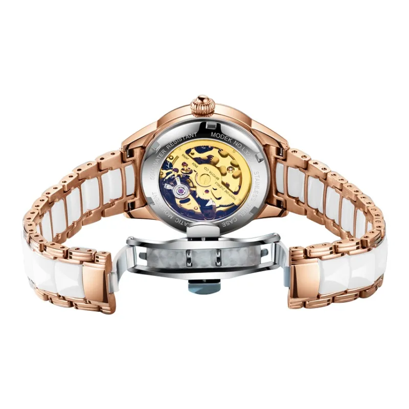 Oupinke AIR-BORN Collection Ceramic Rhinestone-Embellished Mechanical Movement Watch Women's Watch White Dial-1