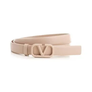 Valentino Solid Color Logo Letter V Shaped Smooth Buckle Leather Belts Women's Pink