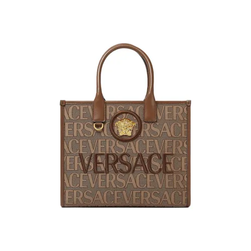 VERSACE Cow Leather Tote Bag Shopping Bag Shoulder Bag Crossbody Bag Handbag Small Size Women's Brown