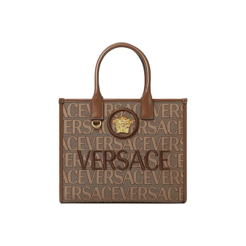 VERSACE Cow Leather Tote Bag Shopping Bag Shoulder Bag Crossbody Bag Handbag Small Size Women's Brown-0