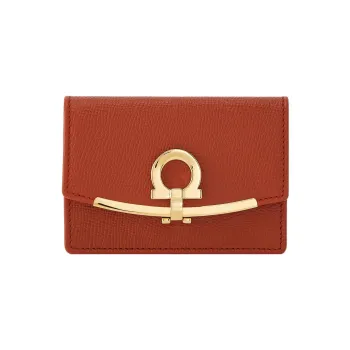 FERRAGAMO GANCINI Stamped Calfskin Business Card Holder Card Case Women's Orange