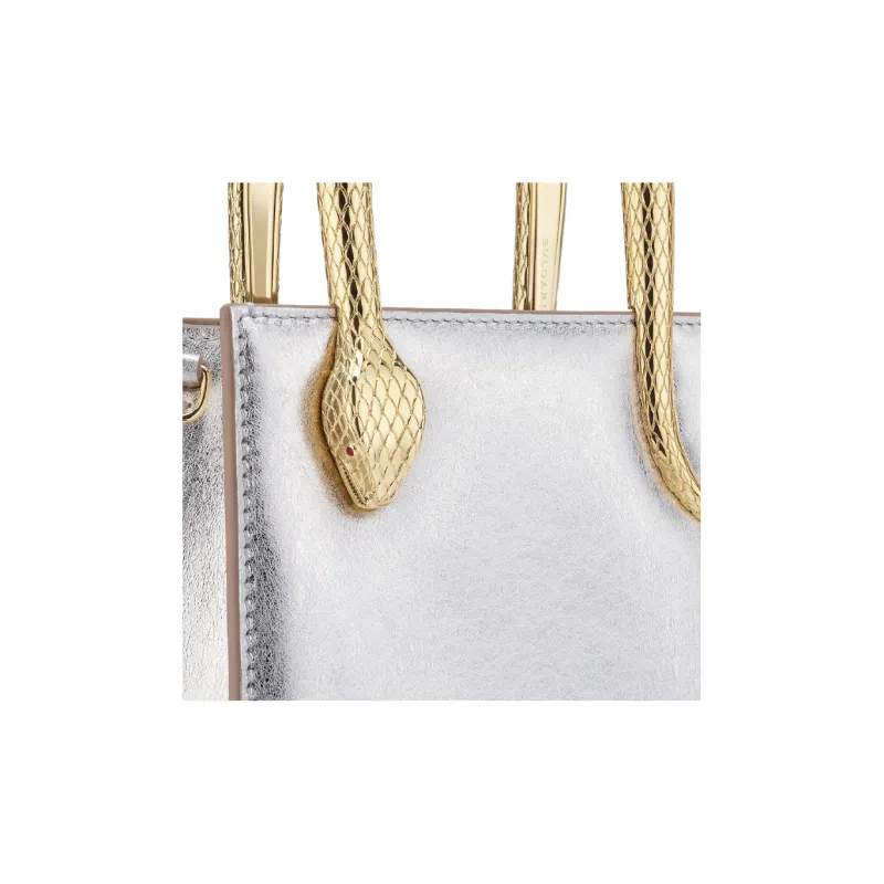 BVLGARI Serpentine Calfskin Tote Bag Shopping Bag Shoulder Bag Crossbody Bag Handbag Mini Women's Silver-4