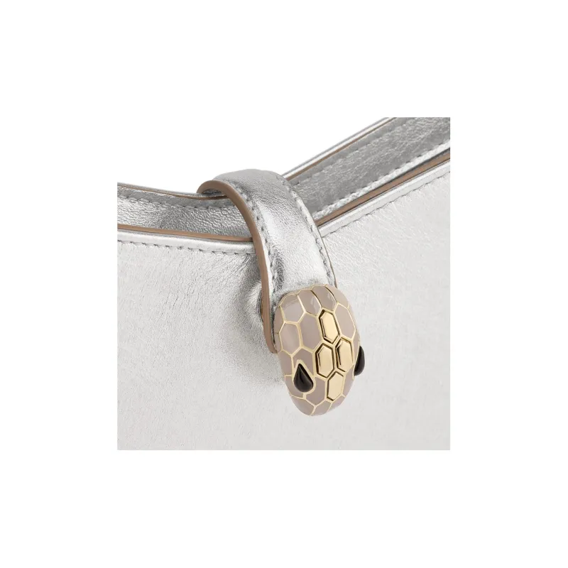 BVLGARI Serpentine Calfskin Handbag, Shoulder Bag Small Size Women's Silver-5