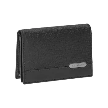 BVLGARI Leather Money Clip Card Holder Men's Black