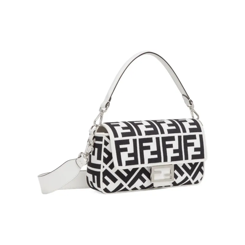 FENDI Baguette Embroidery Canvas Baguette Bag, Handbag, Shoulder Bag, Crossbody Bag Medium Size Women's Black/White-1