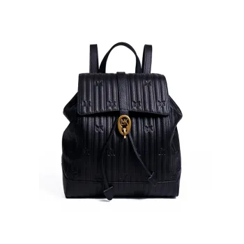 LMK Cow Leather Double Shoulder Backpack Medium Size Women's Black/Ivory