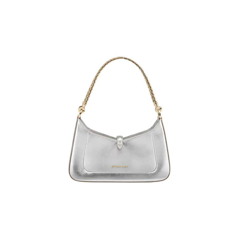 BVLGARI Serpentine Calfskin Handbag, Shoulder Bag Small Size Women's Silver-2