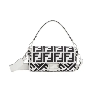 FENDI Baguette Embroidery Canvas Baguette Bag, Handbag, Shoulder Bag, Crossbody Bag Medium Size Women's Black/White